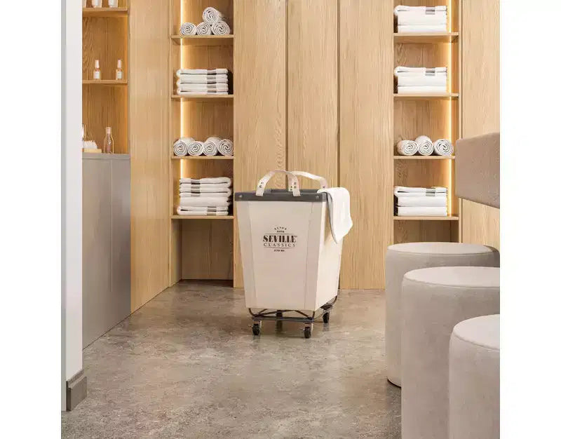 Cesto Portabiancheria con Ruote in Tela Bianca Naturale, Aperto, per Uso Commerciale e Domestico