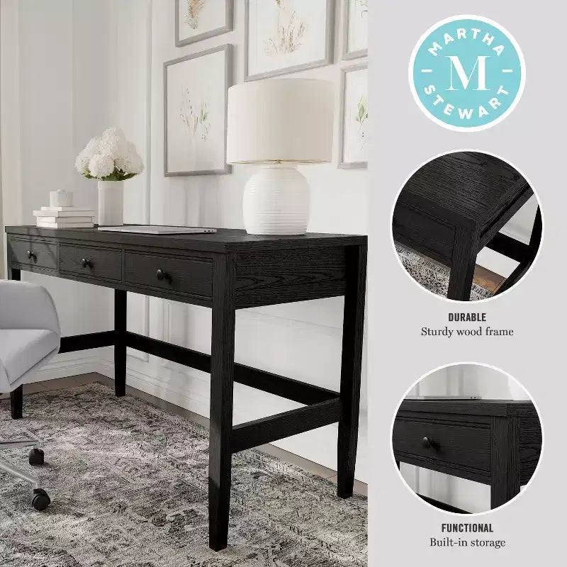 Scrivania a 3 cassetti con gambe affusolate, telaio nero/legno chiaro naturale, 1 persona