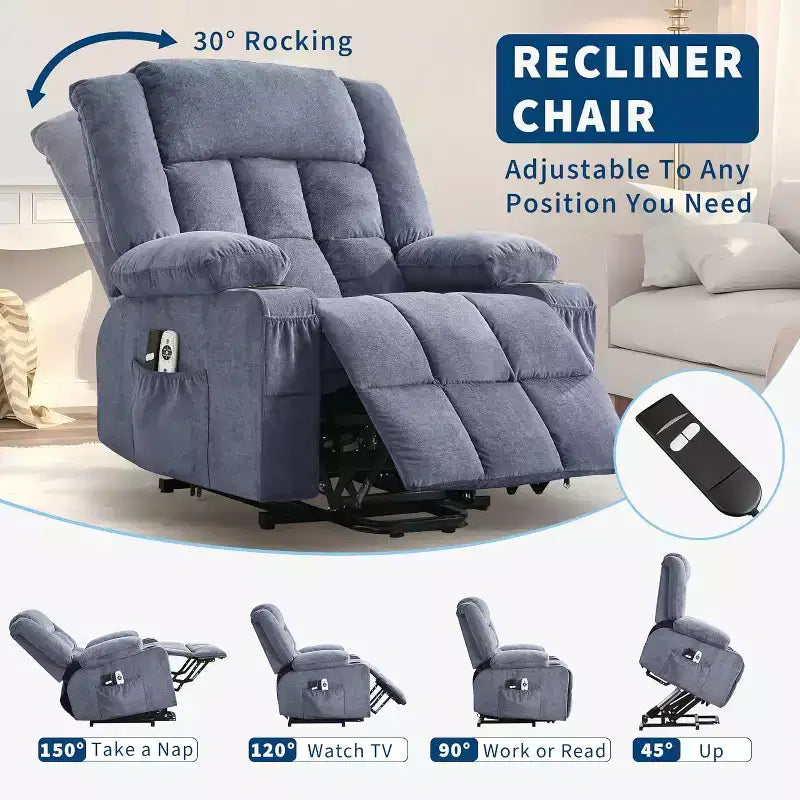 Poltrona reclinabile con sollevamento elettrico, massaggio e calore, a 3 posizioni, monoposto, blu/marrone/grigia