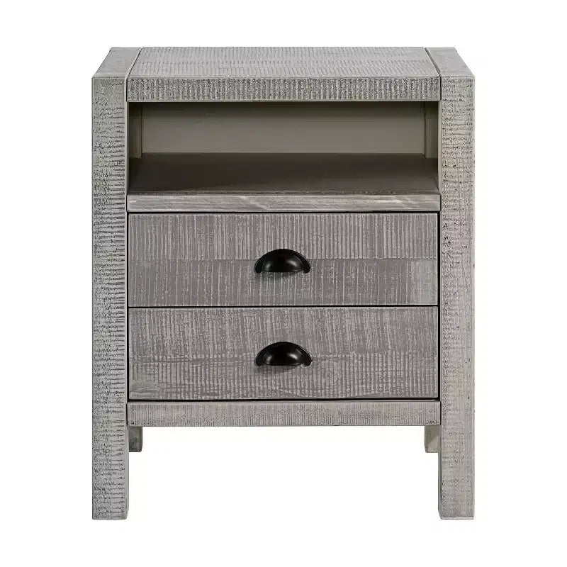 Comodino in legno grigio a 2 cassetti con ripiano aperto