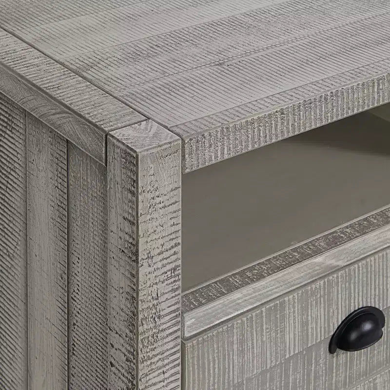 Comodino in legno grigio a 2 cassetti con ripiano aperto