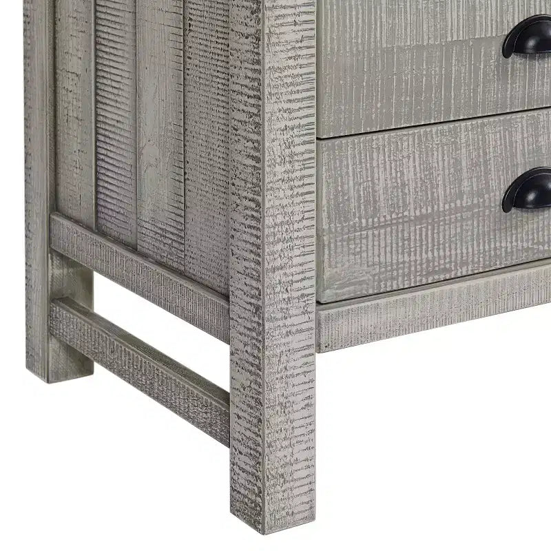 Comodino in legno grigio a 2 cassetti con ripiano aperto