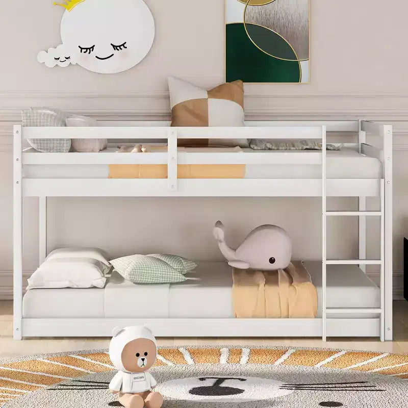 Letto a castello basso singolo/singolo grigio/bianco con scaletta e sponde, per 2