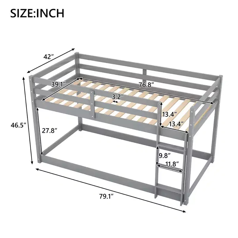 Letto a castello basso singolo/singolo grigio/bianco con scaletta e sponde, per 2