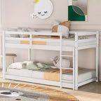 Solid Wood Twin over Twin Floor Bunk Bed with Ladder and Safety Guard Rails for Teens Adults, Low Bed Frame Bedroom Furniture