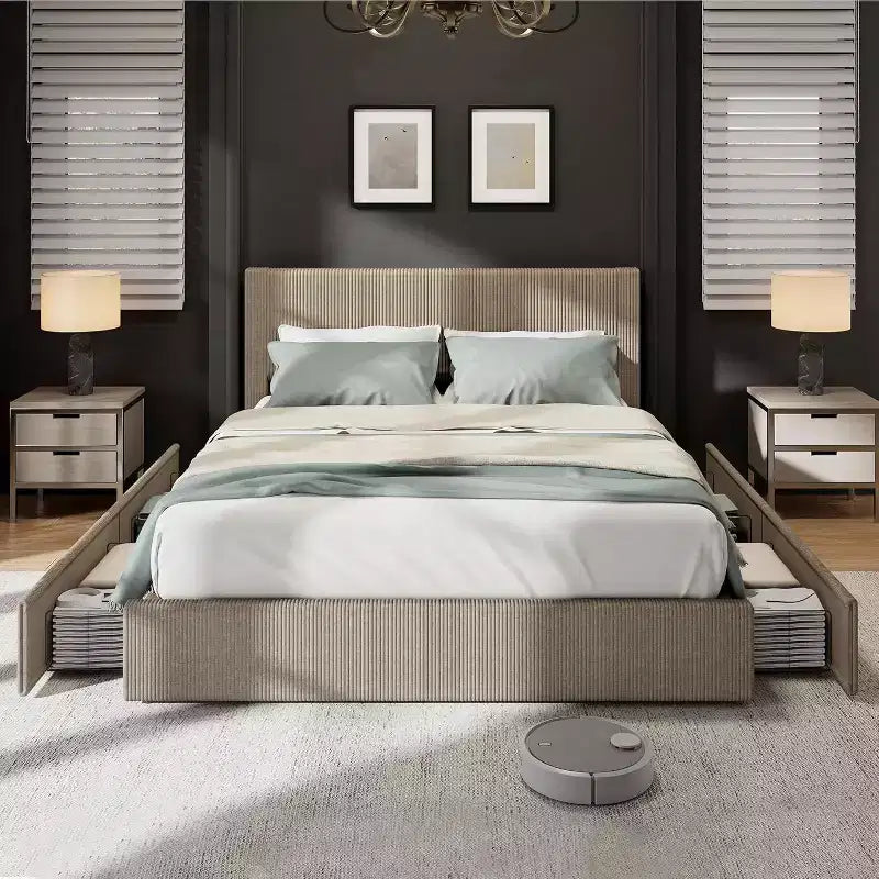 Struttura letto a piattaforma imbottita in velluto a coste nero / marrone / bianco sporco con 4 cassetti portaoggetti – Matrimoniale francese / Matrimoniale standard / King (1–2 persone)