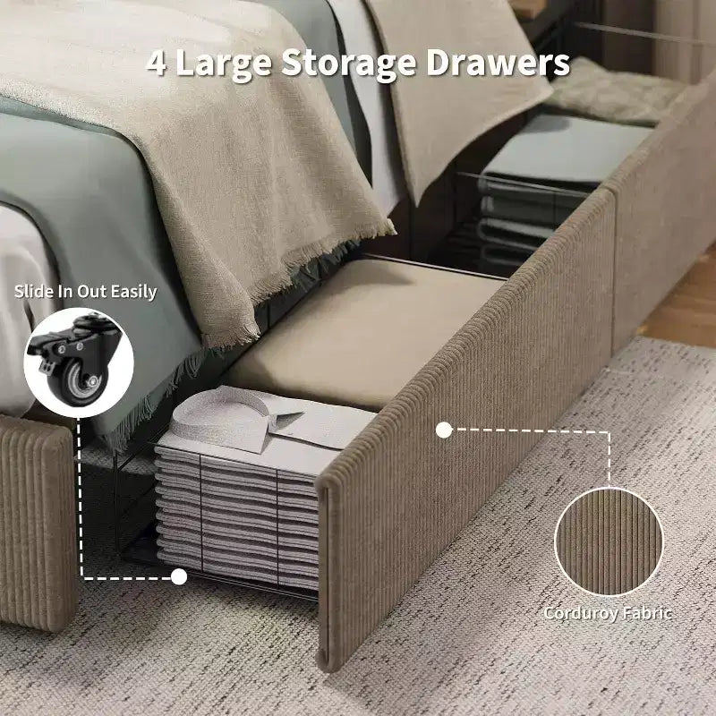 Struttura letto a piattaforma imbottita in velluto a coste nero / marrone / bianco sporco con 4 cassetti portaoggetti – Matrimoniale francese / Matrimoniale standard / King (1–2 persone)