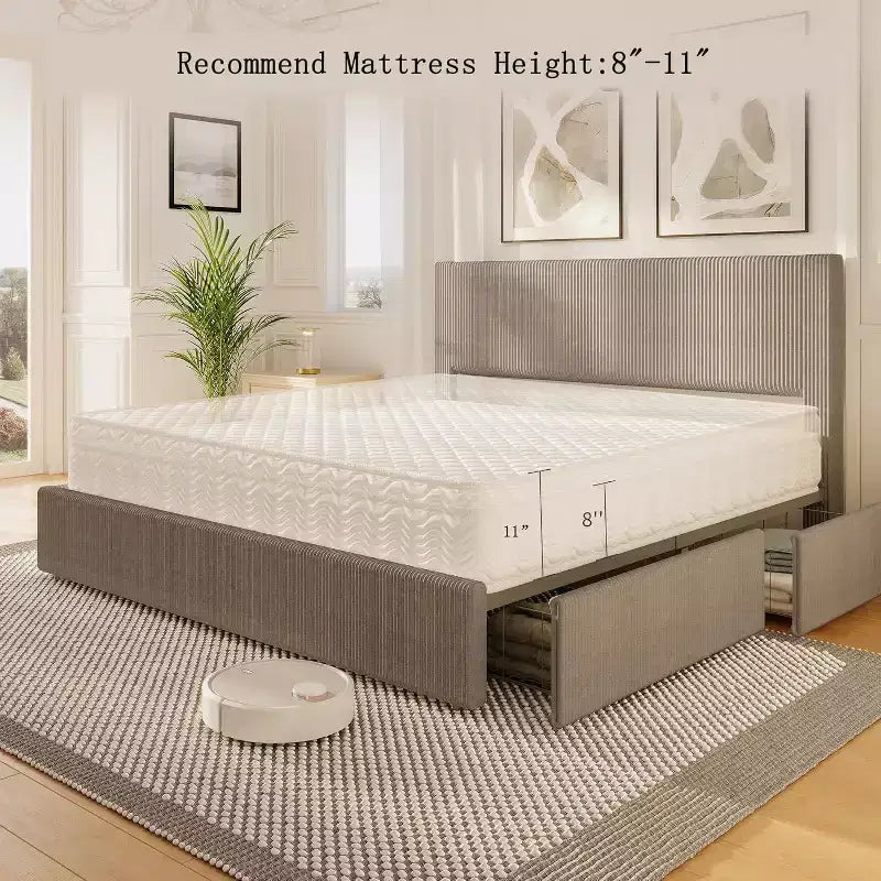Struttura letto a piattaforma imbottita in velluto a coste nero / marrone / bianco sporco con 4 cassetti portaoggetti – Matrimoniale francese / Matrimoniale standard / King (1–2 persone)