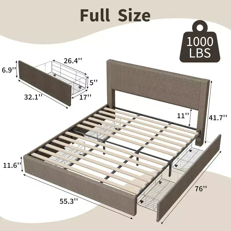 Struttura letto a piattaforma imbottita in velluto a coste nero / marrone / bianco sporco con 4 cassetti portaoggetti – Matrimoniale francese / Matrimoniale standard / King (1–2 persone)