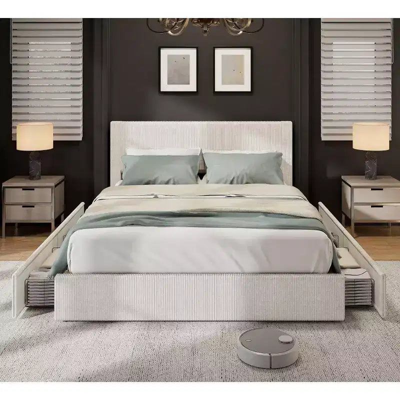 Struttura letto a piattaforma imbottita in velluto a coste nero / marrone / bianco sporco con 4 cassetti portaoggetti – Matrimoniale francese / Matrimoniale standard / King (1–2 persone)