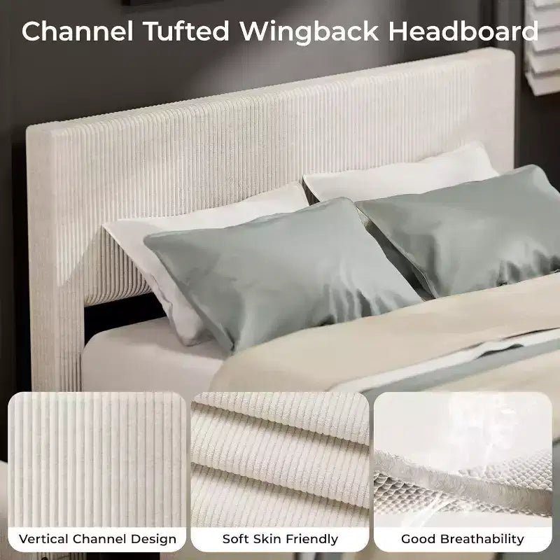 Struttura letto a piattaforma imbottita in velluto a coste nero / marrone / bianco sporco con 4 cassetti portaoggetti – Matrimoniale francese / Matrimoniale standard / King (1–2 persone)