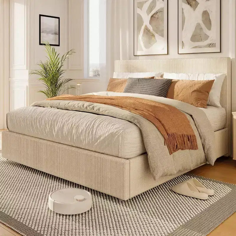 Struttura letto a piattaforma imbottita in velluto a coste nero / marrone / bianco sporco con 4 cassetti portaoggetti – Matrimoniale francese / Matrimoniale standard / King (1–2 persone)