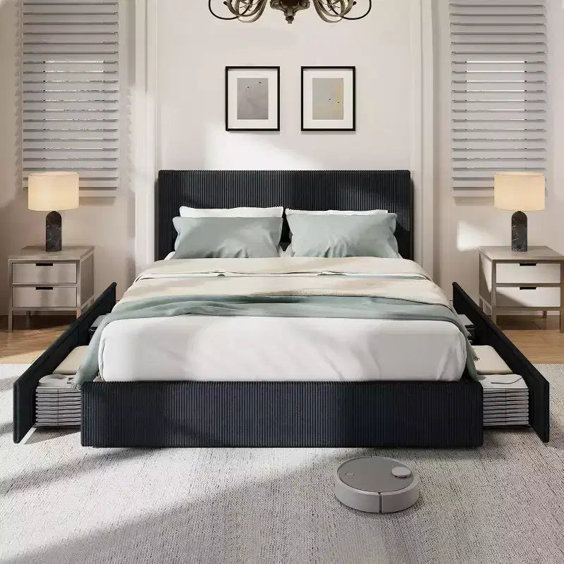 Struttura letto a piattaforma imbottita in velluto a coste nero / marrone / bianco sporco con 4 cassetti portaoggetti – Matrimoniale francese / Matrimoniale standard / King (1–2 persone)