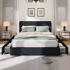 Struttura letto a piattaforma imbottita in velluto a coste nero / marrone / bianco sporco con 4 cassetti portaoggetti – Matrimoniale francese / Matrimoniale standard / King (1–2 persone)