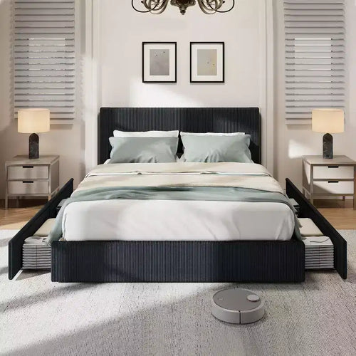 Struttura letto a piattaforma imbottita in velluto a coste nero / marrone / bianco sporco con 4 cassetti portaoggetti – Matrimoniale francese / Matrimoniale standard / King (1–2 persone)