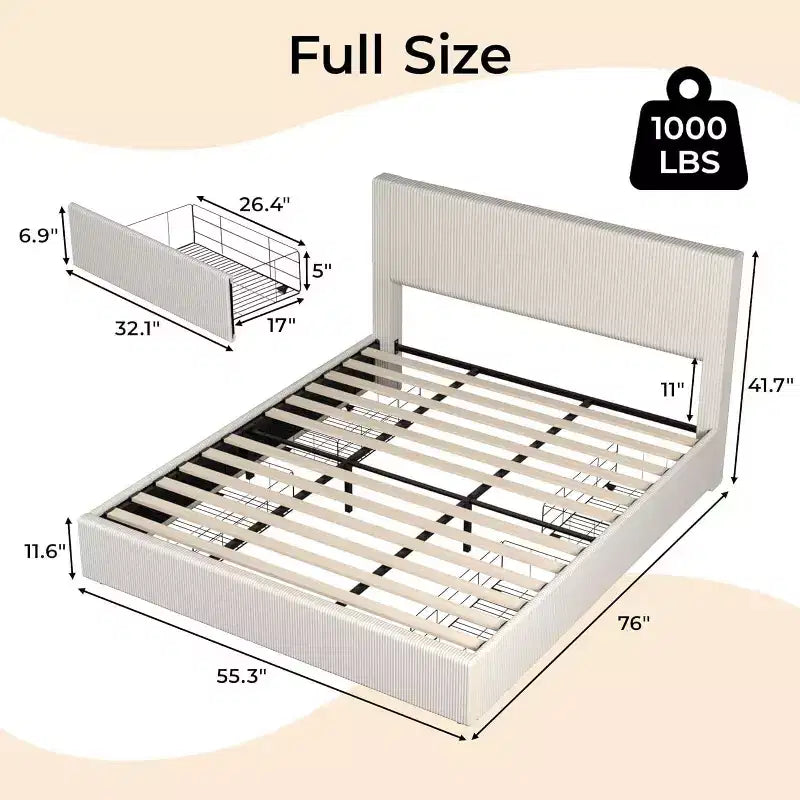 Struttura letto a piattaforma imbottita in velluto a coste nero / marrone / bianco sporco con 4 cassetti portaoggetti – Matrimoniale francese / Matrimoniale standard / King (1–2 persone)