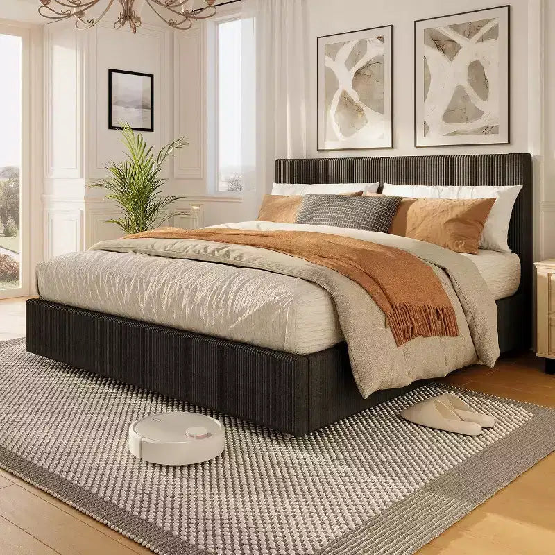Struttura letto a piattaforma imbottita in velluto a coste nero / marrone / bianco sporco con 4 cassetti portaoggetti – Matrimoniale francese / Matrimoniale standard / King (1–2 persone)