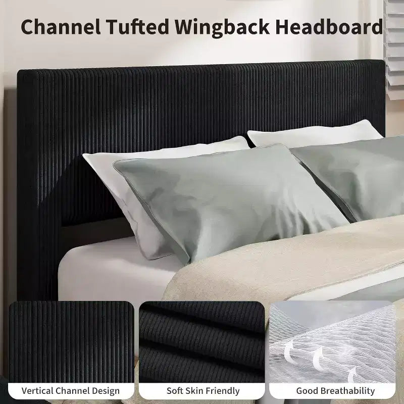 Struttura letto a piattaforma imbottita in velluto a coste nero / marrone / bianco sporco con 4 cassetti portaoggetti – Matrimoniale francese / Matrimoniale standard / King (1–2 persone)
