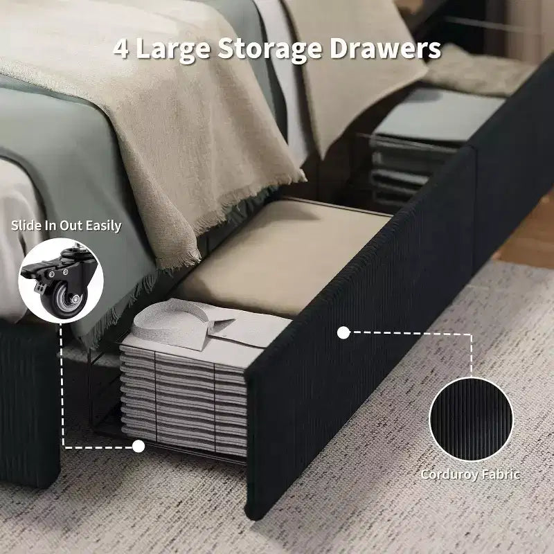 Struttura letto a piattaforma imbottita in velluto a coste nero / marrone / bianco sporco con 4 cassetti portaoggetti – Matrimoniale francese / Matrimoniale standard / King (1–2 persone)