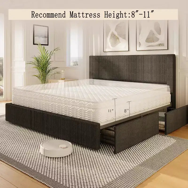 Struttura letto a piattaforma imbottita in velluto a coste nero / marrone / bianco sporco con 4 cassetti portaoggetti – Matrimoniale francese / Matrimoniale standard / King (1–2 persone)