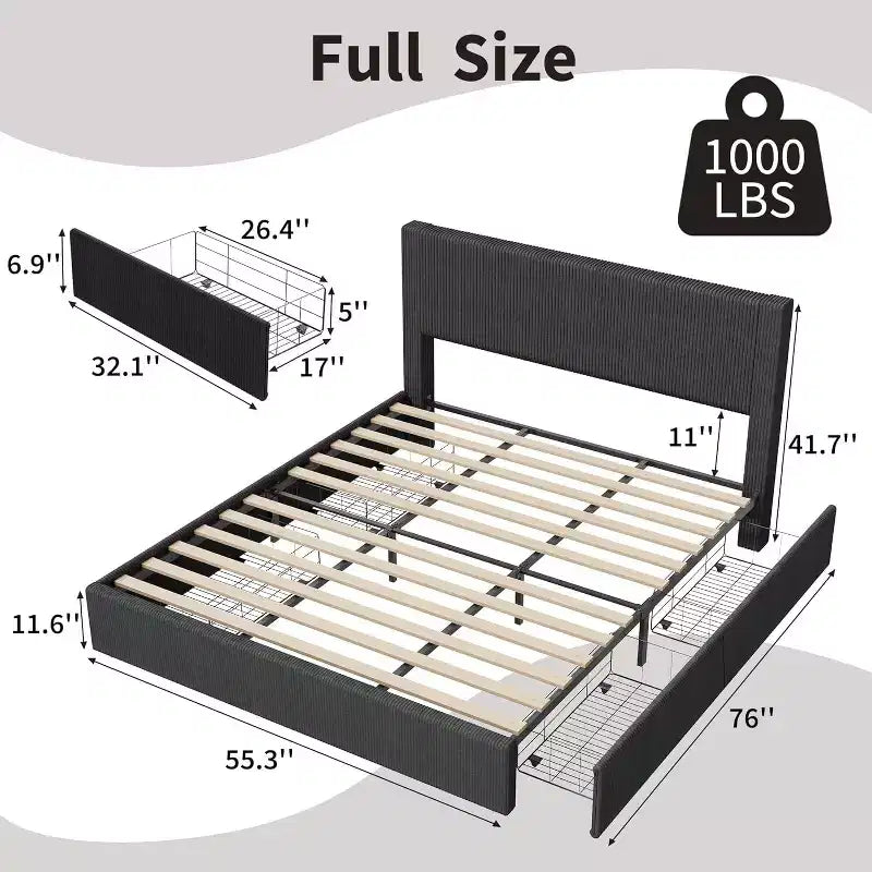Struttura letto a piattaforma imbottita in velluto a coste nero / marrone / bianco sporco con 4 cassetti portaoggetti – Matrimoniale francese / Matrimoniale standard / King (1–2 persone)