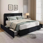 Corduroy Bed Frame - Upholstered Platform w/ 4 Storage Drawers, No Box Spring Needed