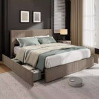 Struttura letto a piattaforma imbottita in velluto a coste nero / marrone / bianco sporco con 4 cassetti portaoggetti – Matrimoniale francese / Matrimoniale standard / King (1–2 persone)