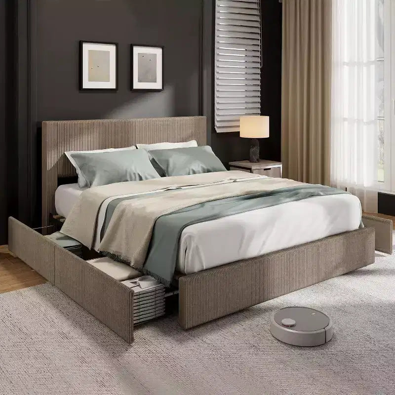 Struttura letto a piattaforma imbottita in velluto a coste nero / marrone / bianco sporco con 4 cassetti portaoggetti – Matrimoniale francese / Matrimoniale standard / King (1–2 persone)