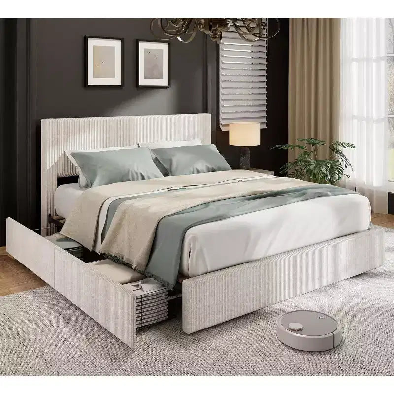 Struttura letto a piattaforma imbottita in velluto a coste nero / marrone / bianco sporco con 4 cassetti portaoggetti – Matrimoniale francese / Matrimoniale standard / King (1–2 persone)