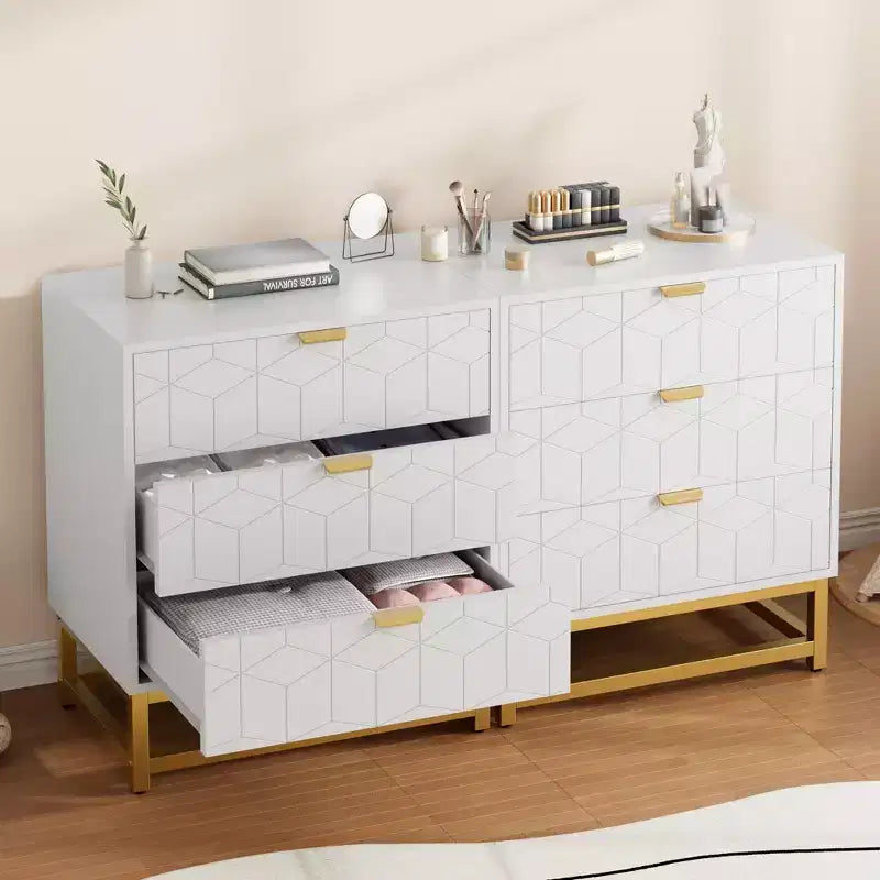 Comò a 3 cassetti, Nero / Grigio / Bianco, Piedini in metallo dorato, Singolo
