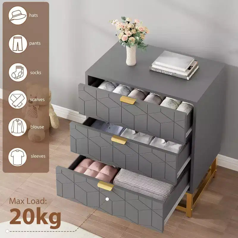 Comò a 3 cassetti, Nero / Grigio / Bianco, Piedini in metallo dorato, Singolo