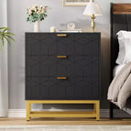 3-Drawer Wood Dresser with Gold Metal Base for Closet & Nightstand Use