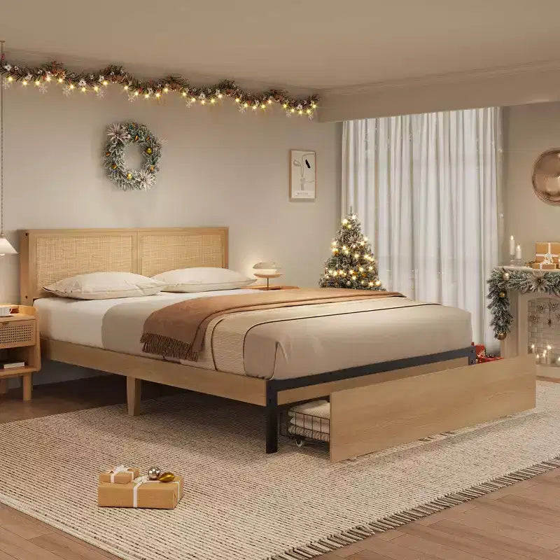 Struttura letto a piattaforma matrimoniale in rattan naturale con cassetti portaoggetti, doghe in legno | 1 persona