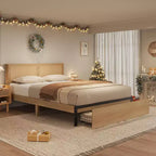 Struttura letto a piattaforma matrimoniale in rattan naturale con cassetti portaoggetti, doghe in legno | 1 persona