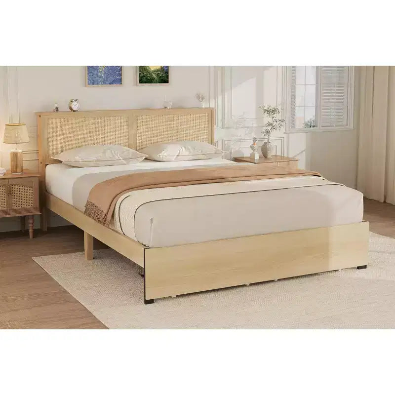 Struttura letto a piattaforma matrimoniale in rattan naturale con cassetti portaoggetti, doghe in legno | 1 persona