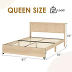 Struttura letto a piattaforma matrimoniale in rattan naturale con cassetti portaoggetti, doghe in legno | 1 persona