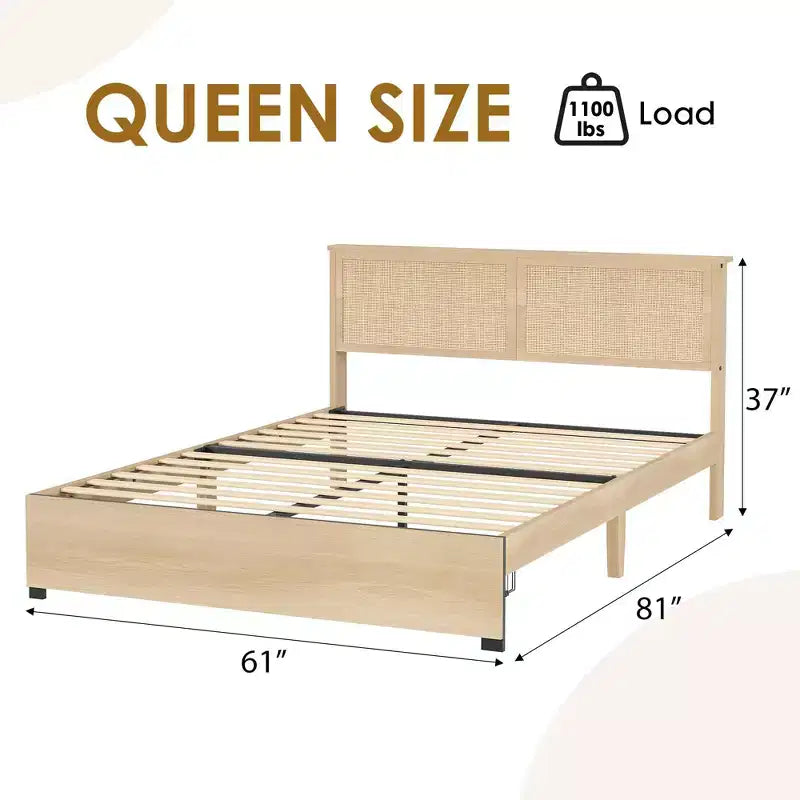 Struttura letto a piattaforma matrimoniale in rattan naturale con cassetti portaoggetti, doghe in legno | 1 persona