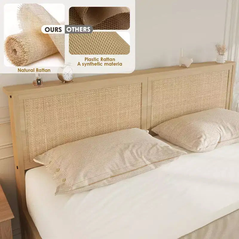 Struttura letto a piattaforma matrimoniale in rattan naturale con cassetti portaoggetti, doghe in legno | 1 persona
