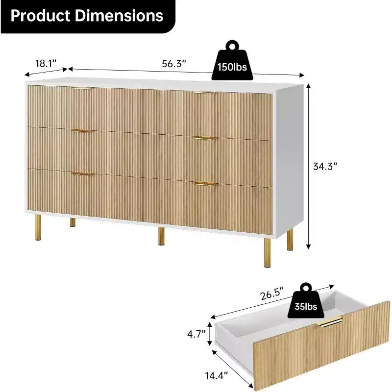 Cassettiera a 6 cassetti con maniglie dorate – Comò moderno in legno per camera da letto