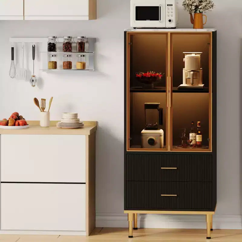 Armadio contenitore con ante in vetro e 2 cassetti, ripiani regolabili, colore nero/bianco scanalato