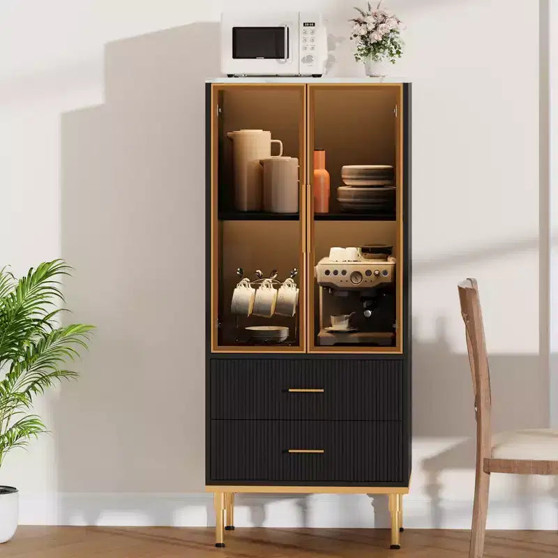 Armadio contenitore con ante in vetro e 2 cassetti, ripiani regolabili, colore nero/bianco scanalato