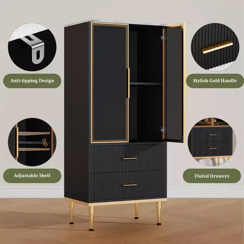 Armadio contenitore con ante in vetro e 2 cassetti, ripiani regolabili, colore nero/bianco scanalato