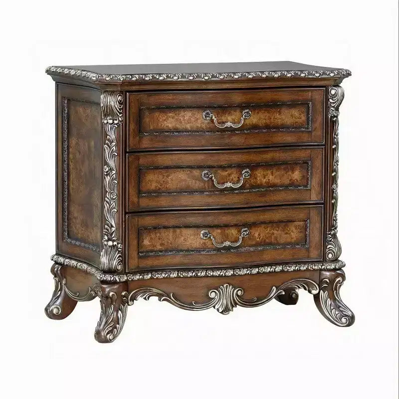 Comodino in legno ciliegio scuro, finiture floreali tradizionali, 3 cassetti, singolo