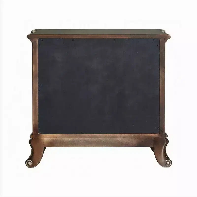 Comodino in legno ciliegio scuro, finiture floreali tradizionali, 3 cassetti, singolo