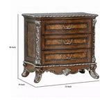 Comodino in legno ciliegio scuro, finiture floreali tradizionali, 3 cassetti, singolo