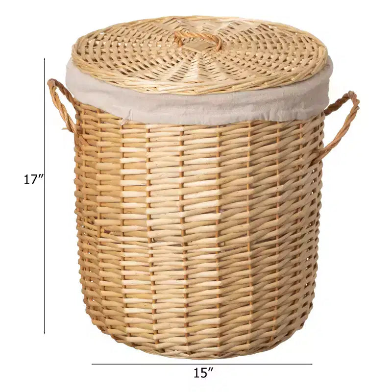 Cesto Portabiancheria Rotondo in Vimini Marrone Naturale con Coperchio e Manici – 1 o 2 Persone