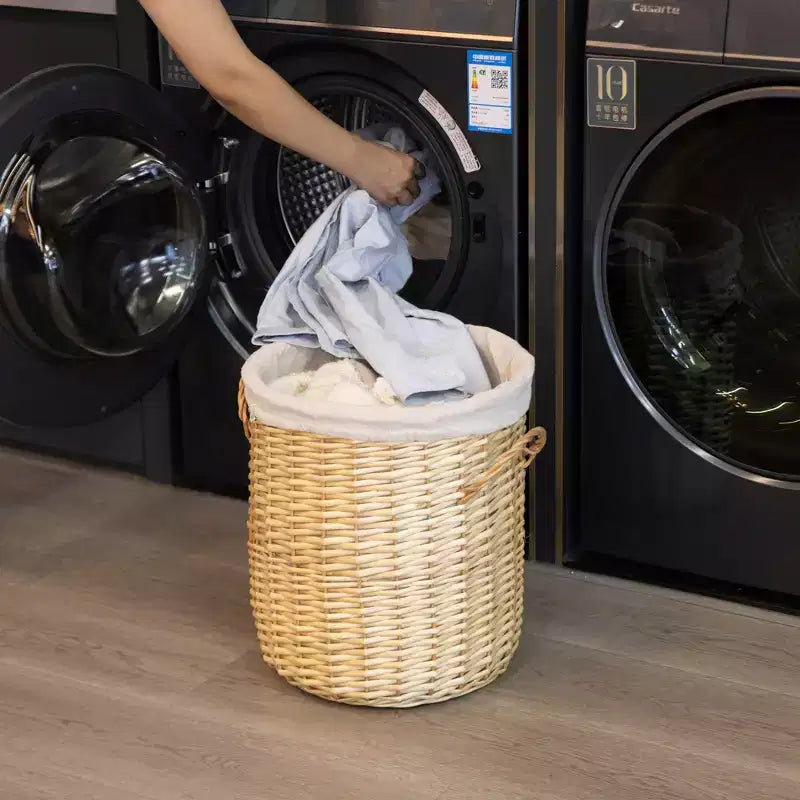 Cesto Portabiancheria Rotondo in Vimini Marrone Naturale con Coperchio e Manici – 1 o 2 Persone
