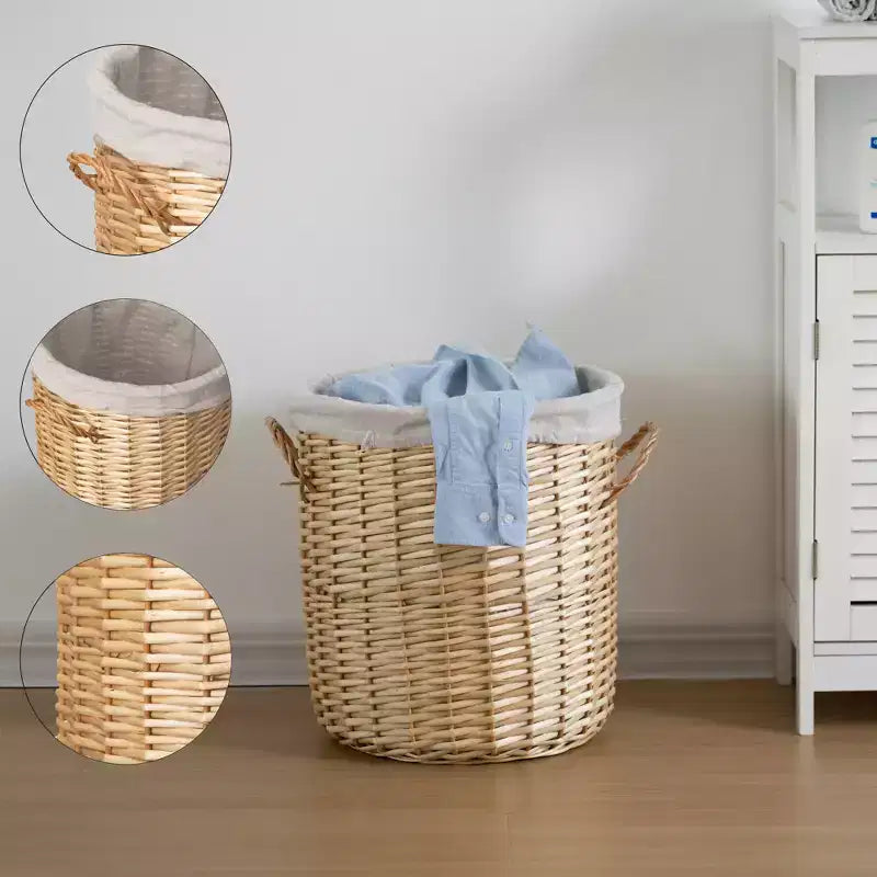 Cesto Portabiancheria Rotondo in Vimini Marrone Naturale con Coperchio e Manici – 1 o 2 Persone
