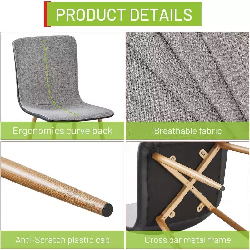 Set di 4 sedie da pranzo grigie e nere, seduta in tessuto con schienale medio e schienale in PU con gambe in metallo effetto rovere