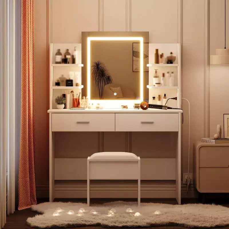 Toeletta Bianca con Specchio LED e Sgabello, Illuminazione a 3 Colori, 1 Persona